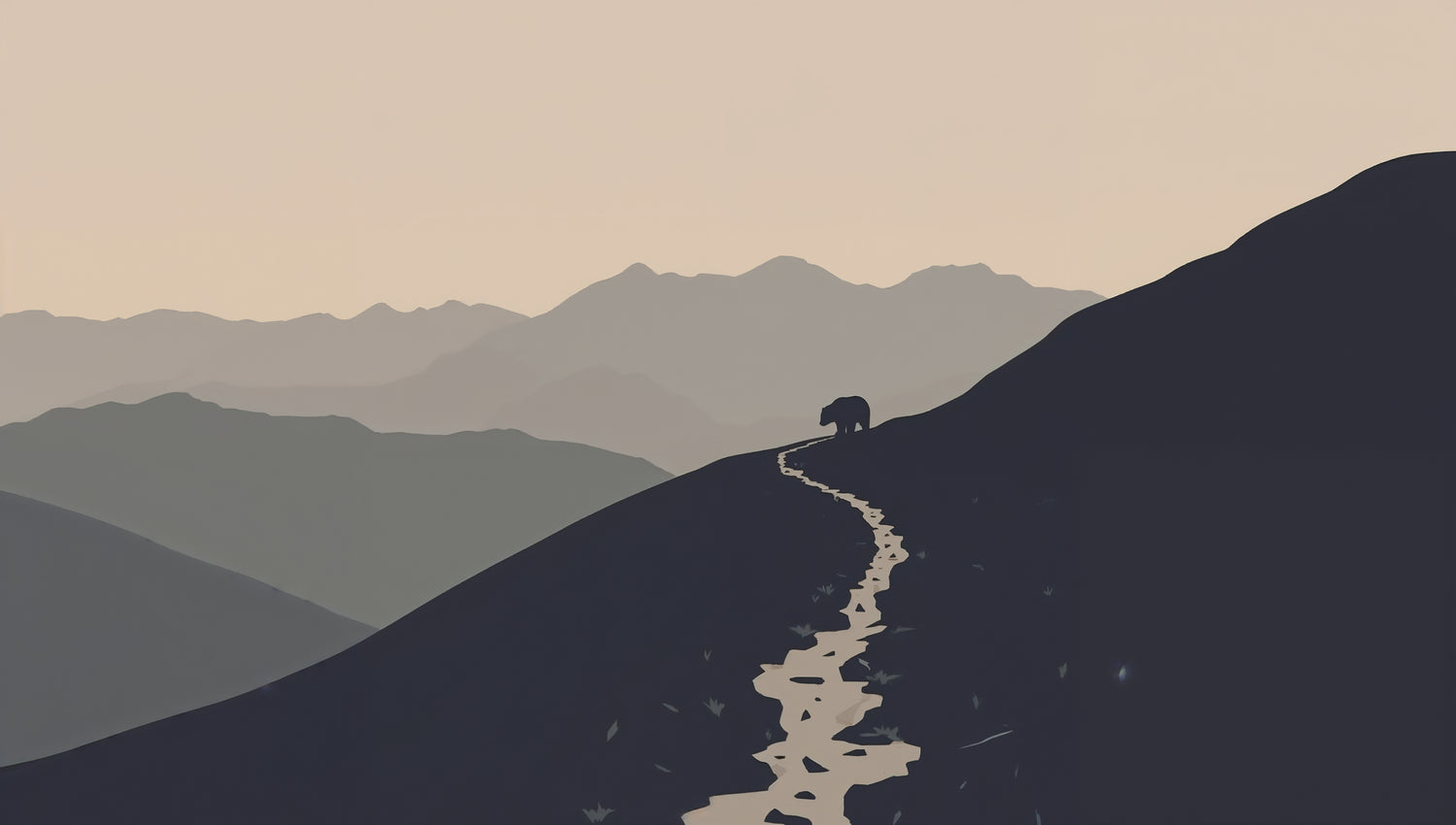 Illustration eines Bären auf einem Bergpfad mit ruhiger Gebirgslandschaft für die ERDNAHT Kollektion 12 Bär Gebirgspfad