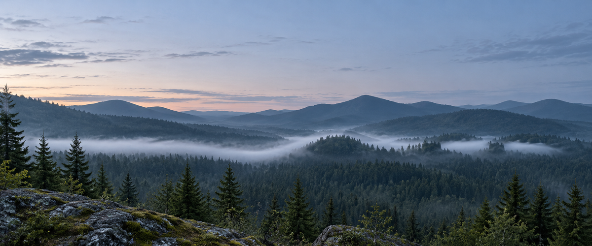 Eine weite Waldlandschaft mit Bergzügen und einem geschwungenen Nebelband zwischen den Baumkronen.