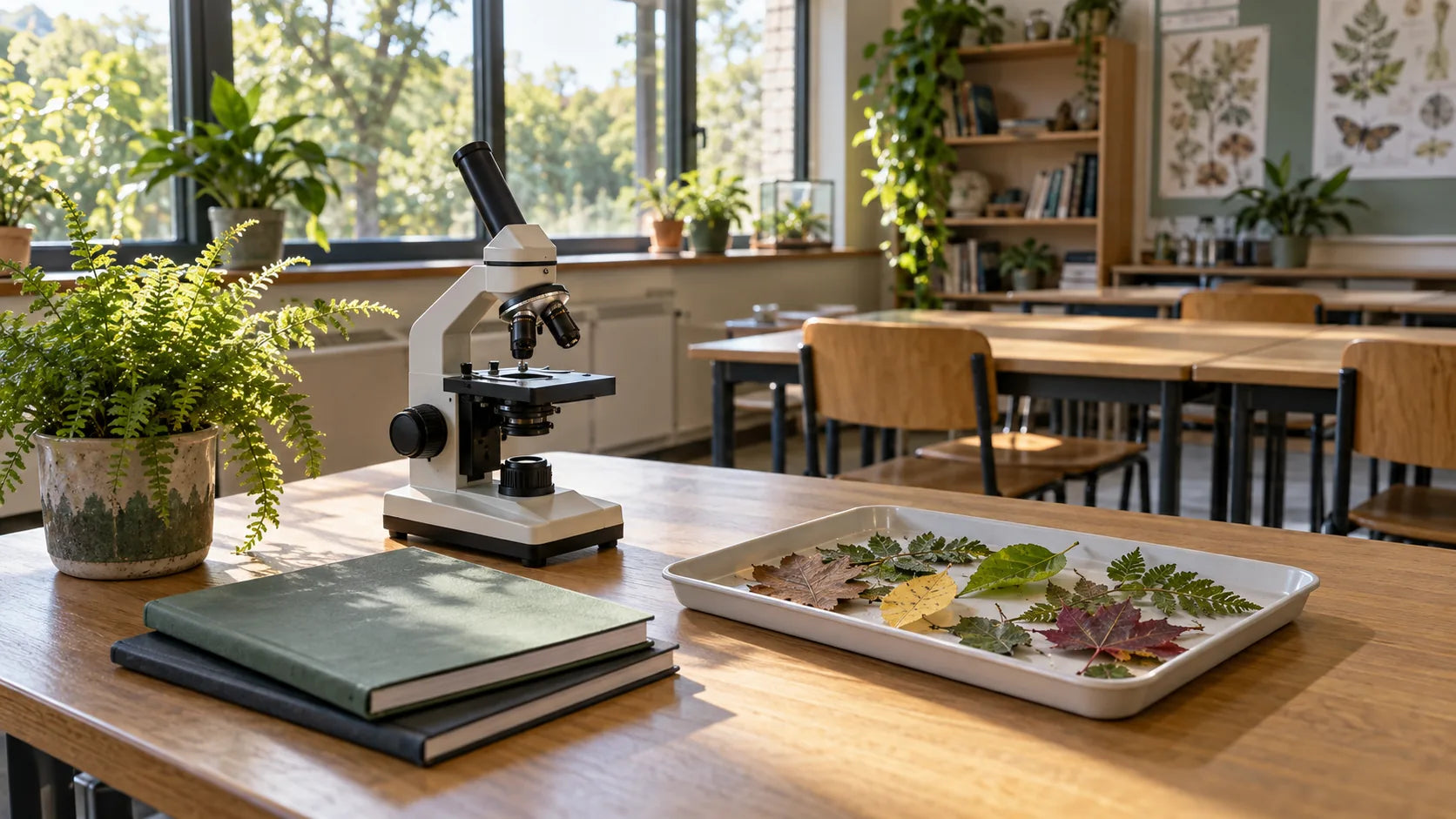 Sonnenlicht in einem fiktiven Biologieraum mit Mikroskop und Pflanzen.